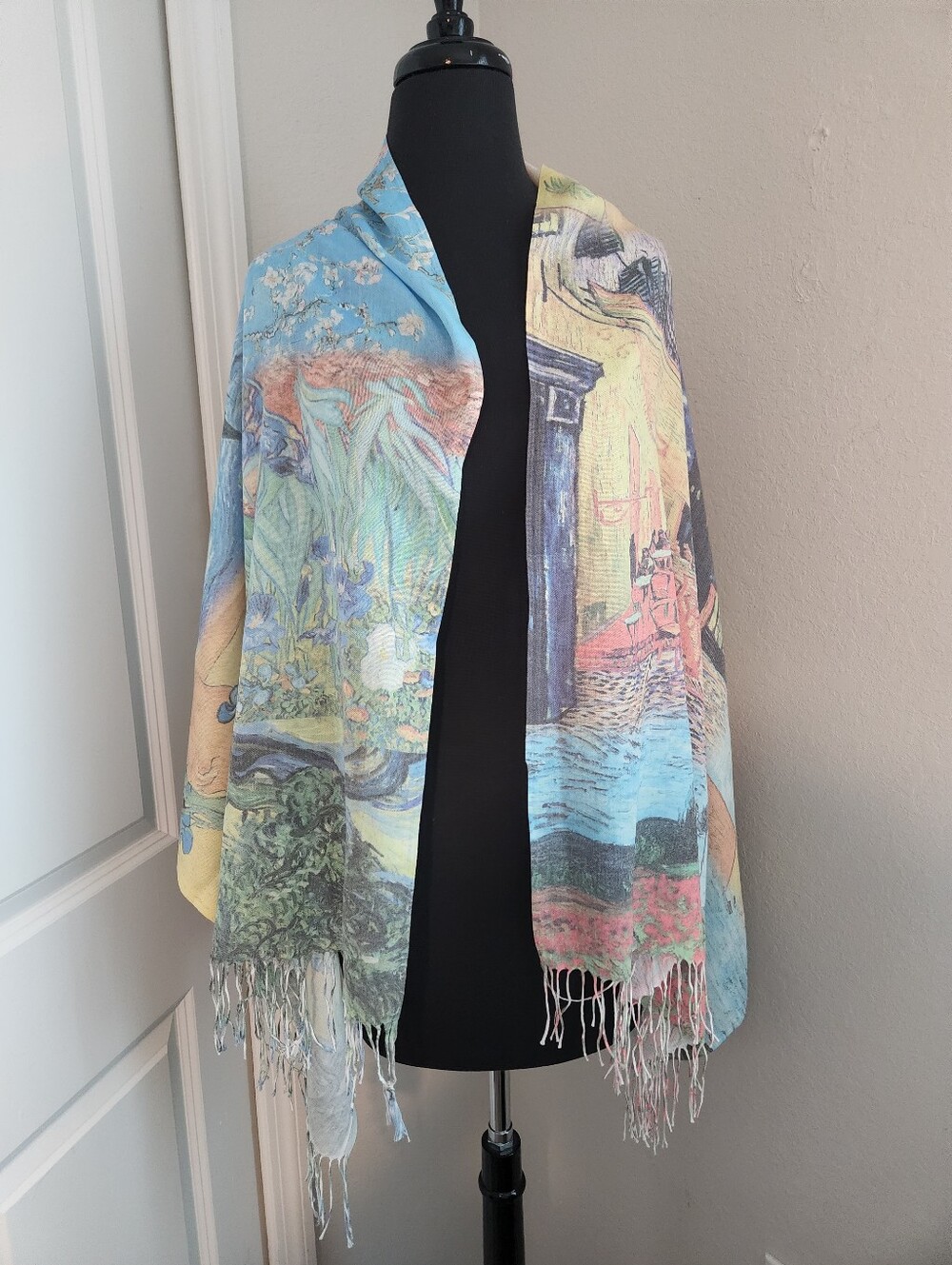 Vincent Multicolor Scenic Print Shawl with Fringe